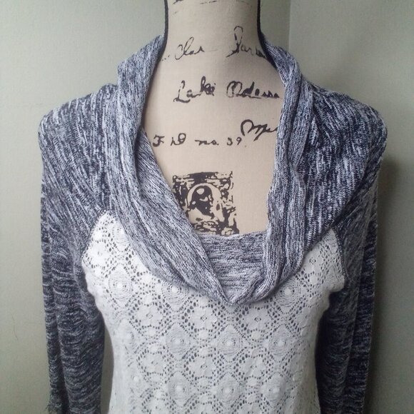 Miss Chievous Shirt Women S Long Sleeve Cowl Neck Lace Pocket Gray White - Picture 5 of 16